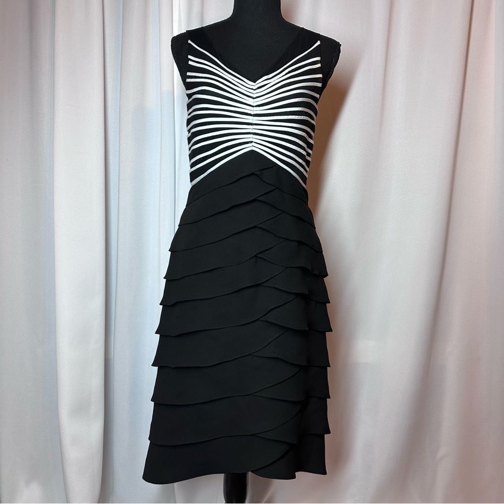 Eliza J Formal Midi Dress Sz 6 Black White Semi Shear Dress Tiered‎ Skirt EUC